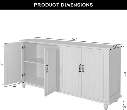 Scurrty 62'' Coffee Bar Cabinet Kitchen with Storage, Buffet Cabinet with Storage, Sideboard Buffet for Dinning Room, Kitchen & Living Room (4 Doors, White)