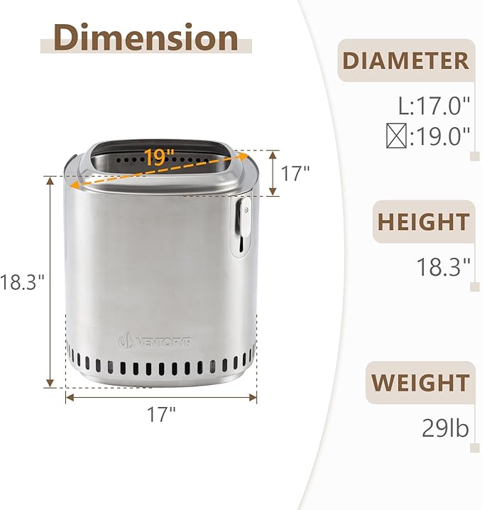 Smokeless Fire Pit, Stainless Steel Stove with Adjustable Firepower, Removable Ash Pan, Portable Camping Fire Table Wood Burning with Carry Bag for Travel, Backyard, Soft Square, 17 x 19inch
