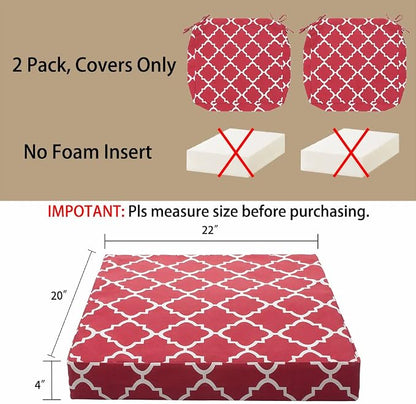 Magpie Fabrics Indoor Outdoor Cushion Cover Replacement 2 Pack, NO Insert! Water Repellent Slipcover with Ties Decor for Patio Garden Chair Sofa Bench Wicker(Red Geometry, 22x20x4 Inch)