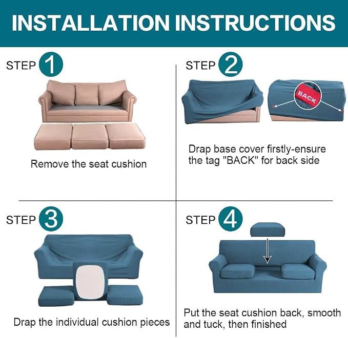 Turquoize 4 Piece Sofa Covers for 3 Cushion Couch Sofa Slipcover with Separate Cushion Couch Cover for Dogs Thick Soft Slipcover Washable Elastic Furniture Protector for Pets(XL Sofa,Dusty Blue)