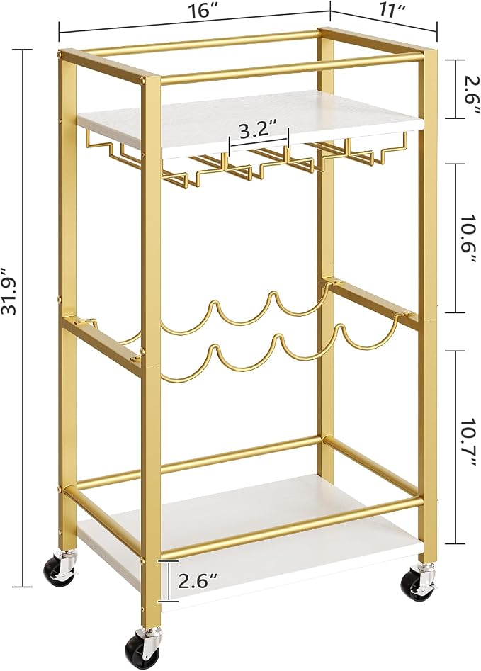 MAHANCRIS Bar Cart for Home, Mini Rolling Wine Cart, 3 Tier Serving Cart, Kitchen Storage Cart with Wine Rack and Glass Holders, for Kitchen, Dining Room, Living Room, Gold and White RCJW9301