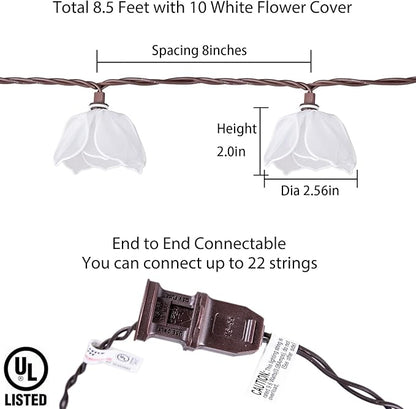 TWINKVILLA Decorative String Lights Plug in with 10 Bulbs, Flower Garland Fairy Lights Connectable Weatherproof Outdoor Indoor for Wedding Garden Pergola Bedroom Porch Floral Home Decor (White)