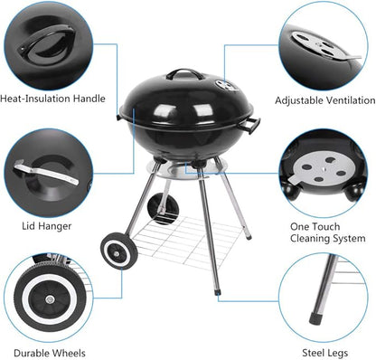 Portable BBQ Charcoal Grill, 18'' Outdoor Charcoal Grilling Oven with Wheel, Traditional Camping Cooking Barbecue Grill