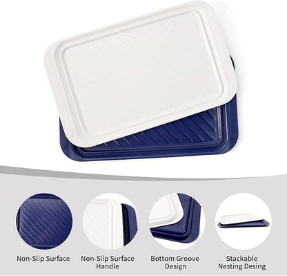 TP 17" x 10.5" Grilling Prep and Serve Trays, Set of 2, Blue&White | Melamine BBQ Trays, Serving Platters for Meats, Raw and Cooked Food Separation, Grill Accessories, Break-resistant
