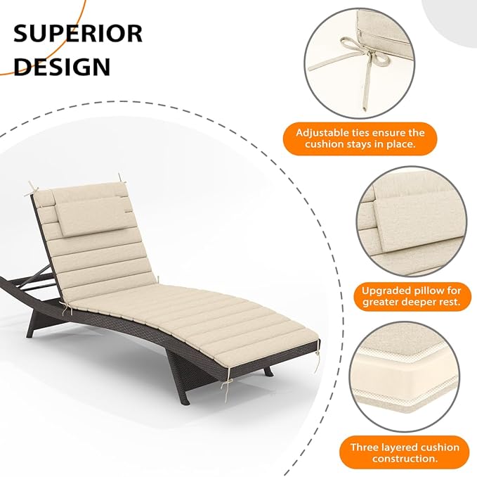 Sundale Outdoor Olefin Quilted Lounge Cushion Set of 4, Patio Foldable Chaise Lounger Cushion, Water-Resistant Lounge Chair Pad with Straps Beige, 80 x 26 inches