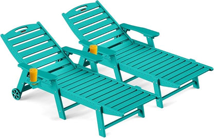 Ciokea Outdoor Chaise Lounge Chair Set of 2, Patio Lounge Chairs for Outside, HDPE Lounge Chair with Wheels & Cup Holder, Poly Chair with 5 Position for Poolside, Deck, Lake Blue