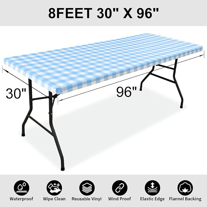Smiry Rectangle Picnic Table Cloth, Elastic Waterproof Fitted Vinyl Tablecloths, Flannel Backed Buffalo Plaid Table Covers for Dining, Camping, Outdoor (Baby Blue and White, 30" x 96")