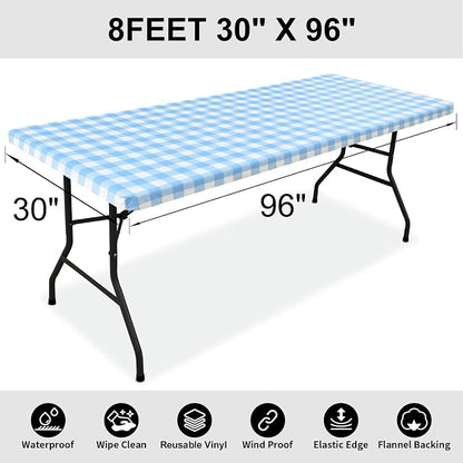 Smiry Rectangle Picnic Table Cloth, Elastic Waterproof Fitted Vinyl Tablecloths, Flannel Backed Buffalo Plaid Table Covers for Dining, Camping, Outdoor (Baby Blue and White, 30" x 96")