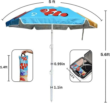 LOTTAFUN Kid 5ft Beach Umbrella Diameter 0.99-1.2 inches Pole UV 50+ Portable Sun Shade with Sand Anchor & Carry Bag, Outdoor Folding Umbrella for Beach,Pool,Patio,Garden (Fish) NO Tilt The sand needs to be over 5 inches above the bottom