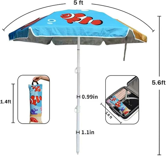 LOTTAFUN Kid 5ft Beach Umbrella Diameter 0.99-1.2 inches Pole UV 50+ Portable Sun Shade with Sand Anchor & Carry Bag, Outdoor Folding Umbrella for Beach,Pool,Patio,Garden (Fish) NO Tilt The sand needs to be over 5 inches above the bottom