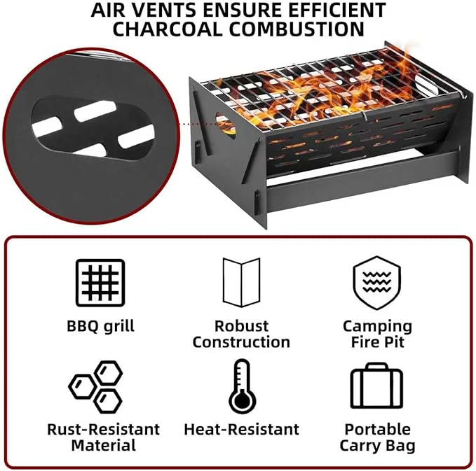 Portable Charcoal Grill, Folding Camping Campfire Grill with Carry Bag, Heavy Duty BBQ Grill Fire Pit for Outdoor Cooking, Camping, Picnic, Patio, Backyard by DNKMOR