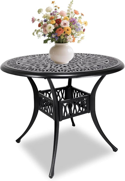 35" Outdoor Dining Table, Cast Aluminum Patio Bistro Table with 2.44" Umbrella Hole, Patio Furniture for Backyard Garden, Black