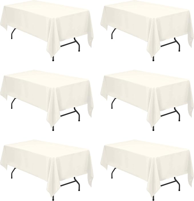 BRILLMAX 6 Pack Ivory Tablecloths 60x102 Inch for 6ft Rectangle Tables | 150 GSM Polyester Fabric, 15" Standard Drop, Water, Stain & Wrinkle Resistant Cloth Cover for Wedding Reception Banquet Party