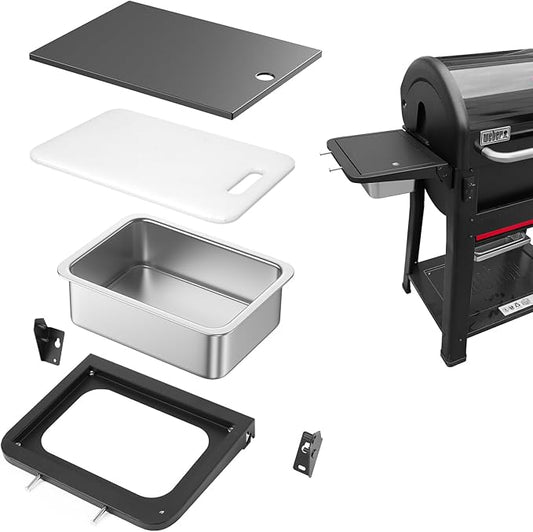 Grill Side Table Shelf for Weber Searwood 600 & 600XL, Foldable BBQ Prep Station with Cutting Board, Stainless Steel Basin, Lid & Tool Hooks – Space-Saving Side Shelf Accessory