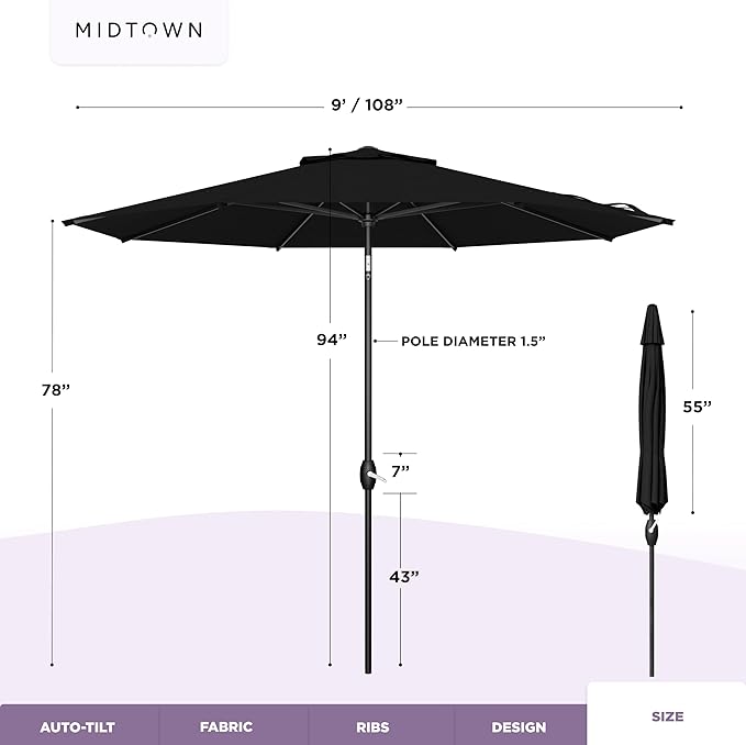Midtown Umbrellas - 10-Year-No-Fade 9 Ft Patio Umbrella with Terylast Fabric, Auto-Tilt Aluminum Frame and 8 Reinforced Ribs for Deck, Pool, Garden & Beach - Ebony Black Canopy, Black Pole