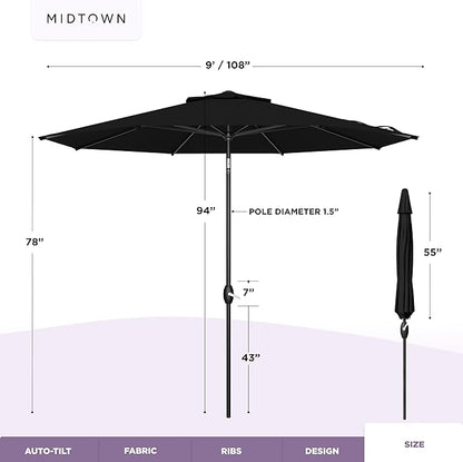 Midtown Umbrellas - 10-Year-No-Fade 9 Ft Patio Umbrella with Terylast Fabric, Auto-Tilt Aluminum Frame and 8 Reinforced Ribs for Deck, Pool, Garden & Beach - Ebony Black Canopy, Black Pole