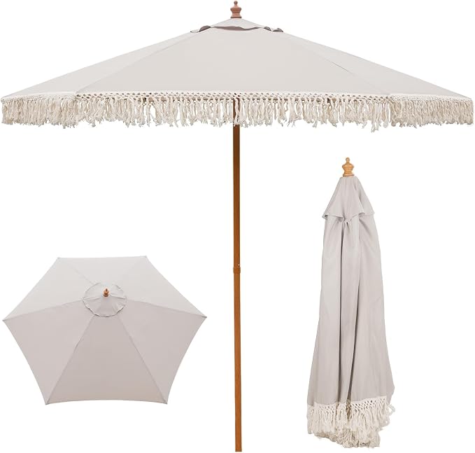 9 FT Patio Umbrella with Fringe,Fringe Portable Beach Umbrella,Heavy-Duty Metal Frame,6 Ribs with Ventilated Canopy,UV Protection & Waterproof, Suitable for Garden,Deck,Pool,Patio Table