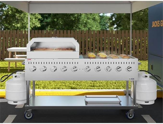Pemberly Row 72" Commercial Outdoor Propane Gas Grill with Dual 36" Pizza Ovens, 10-Burner Stainless Steel BBQ