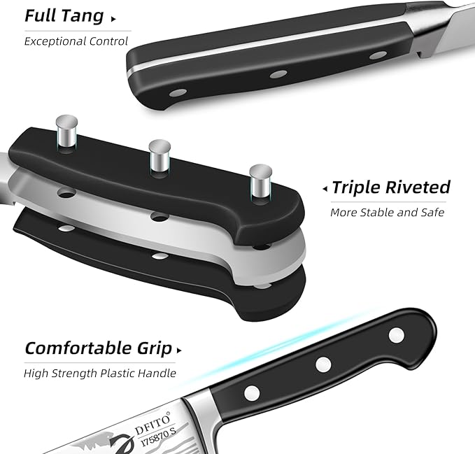 Dfito Chef Knife Set with Roll Bag, 9PCS Professional Knife Set with Sharpener, High Carbon Stainless Steel Kitchen Knife Set with Anti-Slip Ergonomic Handle for Camping, Travel, BBQ, RV or Gift Black
