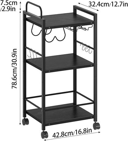 Bar Cart for The Home, 3 Tier Kitchen Carts with Wheels, Small Rolling Cart with Glass Holders, Wine Rack, Mini Bar Cart for Kitchen, Dining Room, Living Room, 13.0" D x 17.0" W x 33.8" H, Black