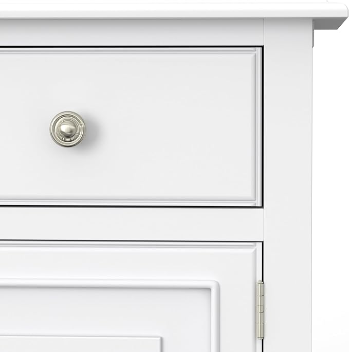 SIMPLIHOME Connaught 51" Wide Solid Wood Storage Cabinet in White | Traditional space-saving entryway or mudroom cabinet with 3 drawers and adjustable shelves for organized household storage.