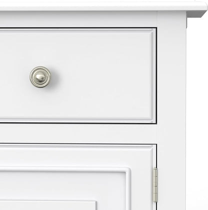 SIMPLIHOME Connaught 51" Wide Solid Wood Storage Cabinet in White | Traditional space-saving entryway or mudroom cabinet with 3 drawers and adjustable shelves for organized household storage.