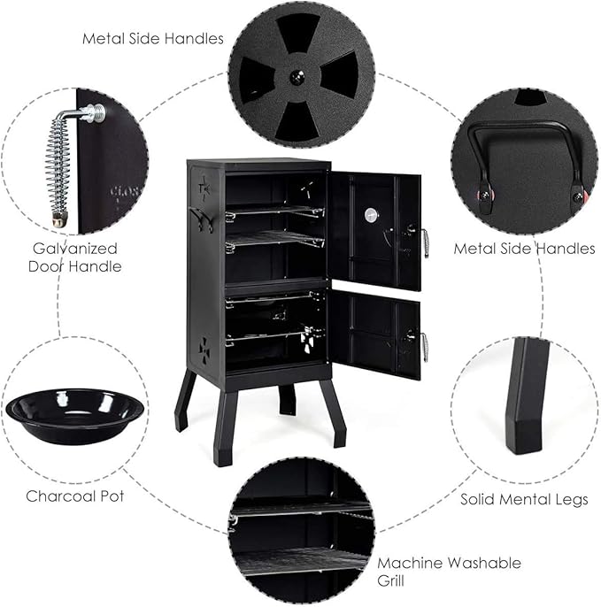 Moccha Smoked Carbon Oven, Vertical Charcoal Smoker, Outdoors Barbeque, Iron Structure, Two Layers Design, with Chrome-Plated Nets, Charcoal Pots, Suitable for Lawn Picnic, Black