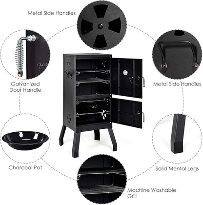 Moccha Smoked Carbon Oven, Vertical Charcoal Smoker, Outdoors Barbeque, Iron Structure, Two Layers Design, with Chrome-Plated Nets, Charcoal Pots, Suitable for Lawn Picnic, Black