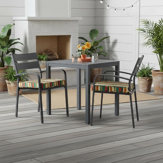 Outdoor 18 inch Square Patio Dining Chair Pads – Comfortable Fiber-Filled Seat Cushions with Ties, Reversible Polyester Fabric - Sunset Stripe - Updated, Set of 2