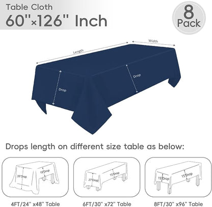 8 Pack Navy Blue Tablecloth 60 x 126 Inch Rectangle For 8 Foot Tables | Wrinkle Resistant, Washable Polyester Fabric, Rectangular Table Cloth for Wedding Party Banquet Buffet and Camping