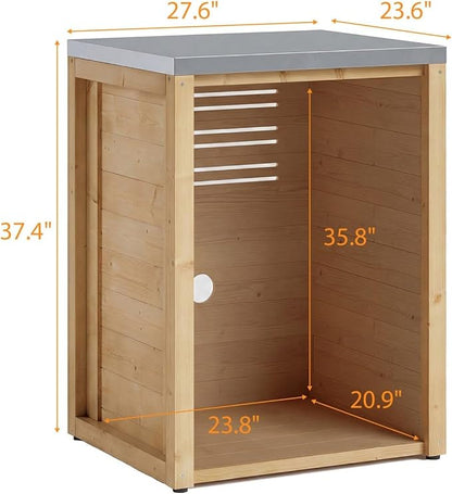 MOUMON Outdoor Mini Fridge Cabinet with Stainless Steel Countertop, 24” Solid Cedar Patio Refrigerator Stand, Oak 27.6”W x 23.6”D x 37.4”H
