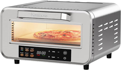 Kenmore Indoor Electric 12 inch Pizza Oven - 750°F High Heat for Wood Fired Style, 5 Presets, Pizza Stone & Peel, Stainless Steel Horno Electrico