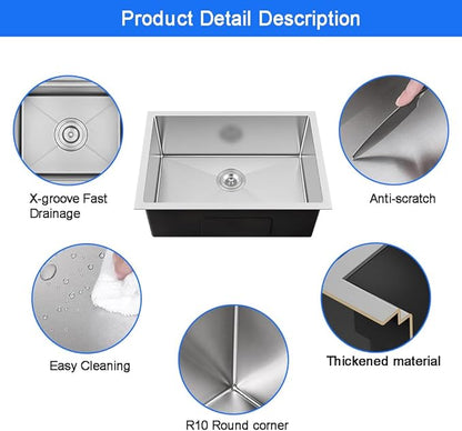 28 x 19 Inch Undermount Kitchen Bar Sink, Handmade Single Bowl 304 Stainless Steel Wet RV Sinks, Indoor and Outdoor Deep Kitchen Laundry Basin with Accessories
