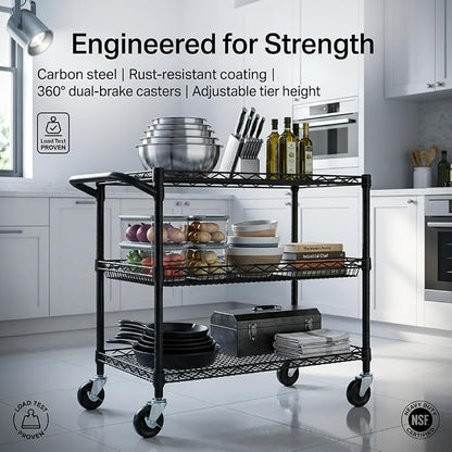 Finnhomy 3 Tier Heavy Duty Commercial Grade Utility Cart, Wire Rolling Metal Trolley with Handle Bar, Steel Kitchen Service Cart with Wheels, Food Storage Trolley on Wheels, NSF Listed, Black