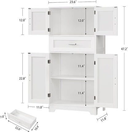 Bathroom Storage Cabinet with Adjustable Shelf & Large Drawer | Tall Storage Cabinet with 4 Doors, Kitchen Pantry Storage Cabinets, for Living Room, Dining Room, Entryway, White