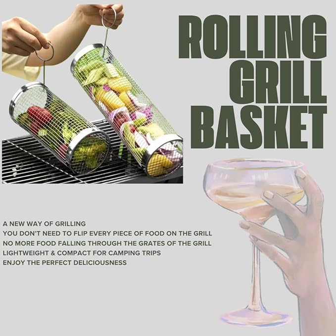 Rolling Grilling Basket for Outdoor Grilling - 2PCS - Stainless Steel BBQ Accessories, Grill Accessories for Outdoor Grill & Camping Cooking, The Perfect Way to Grill Vegetables