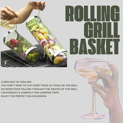 Rolling Grilling Basket for Outdoor Grilling - 2PCS - Stainless Steel BBQ Accessories, Grill Accessories for Outdoor Grill & Camping Cooking, The Perfect Way to Grill Vegetables