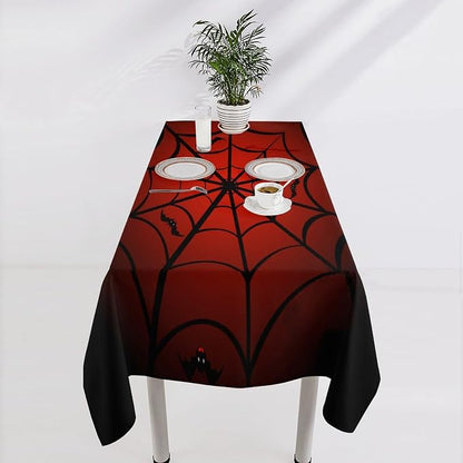 Spider Web Tablecloth, Gothic Black Spider Web Bat Red Water Resistant Wipeable Table Cover for Picnic Party Holiday Kitchen Dinner Table 60"x90"