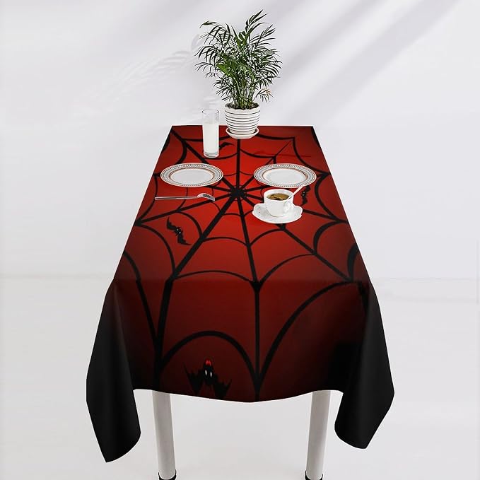 Spider Web Tablecloth, Gothic Black Spider Web Bat Red Water Resistant Wipeable Table Cover for Picnic Party Holiday Kitchen Dinner Table 55"x75"