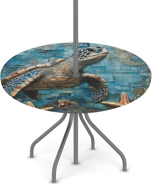 Round Outdoor Tablecloth with Umbrella Hole - Waterproof Patio Table Cover with Zipper Elastic Table Cloth Fits 36"-44" Tables for Party Cafe Garden Decor(Sea Turtle)
