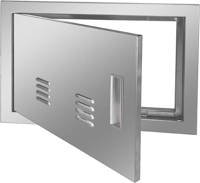 Outdoor Kitchen Door 20" W x 14" H Stainless Steel BBQ Single Access Door Flush Mount Vertical Wall Doors with Handle and Vents Suitable for Grilling Station Outside Cabinet Outdoor Kitchen