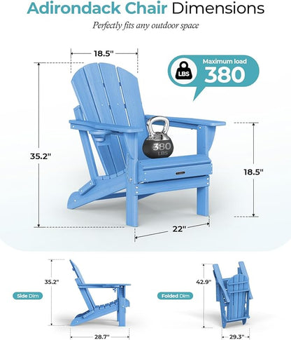 Ciokea Folding Adirondack Chairs Set of 2, Patio Adirondack Chair Weather Resistant, Plastic Fire Pit Chair with Cup Holder, Lawn Chair for Outdoor Porch Garden Backyard Deck, Baby Blue