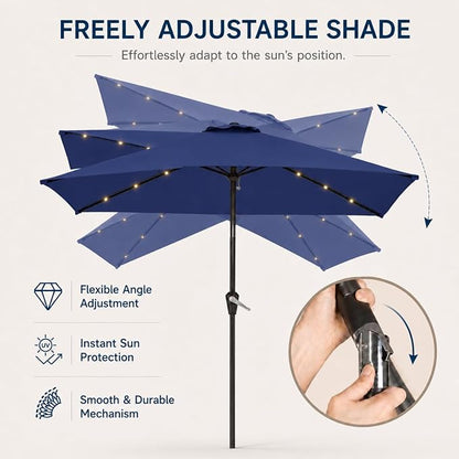 6.5 x 10ft Rectangular Patio Umbrella with Solar Lights, 16 LED Lighted Market Umbrella with Push-Button Tilt and Crank, 6 Sturdy Iron Ribs for Garden, Deck, Pool, Navy Blue