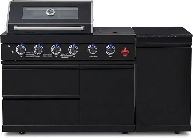 65 Inch Outdoor Kitchen Island, 4-Burner 72,000 BTU Propane Stainless Steel BBQ, Includes Round Side Burner,Marble Countertops, Ideal for Backyard BBQ