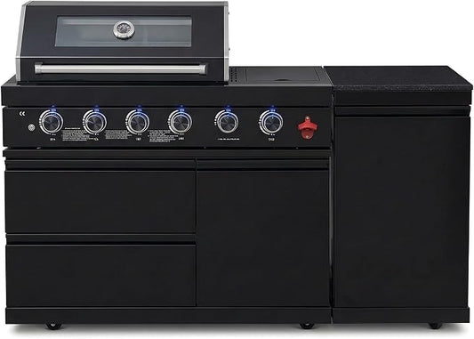 65 Inch Outdoor Kitchen Island, 4-Burner 72,000 BTU Propane Stainless Steel BBQ, Includes Round Side Burner,Marble Countertops, Ideal for Backyard BBQ