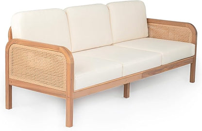 Christopher Knight Home Jidah Acacia Wood Outdoor 3 Seater Sofa with PE Wicker Armrest, Solid Wood Patio Sofa with Removable Cushion, Comfy Lounge Sofa for Patio Furniture Set, Light Teak+Beige