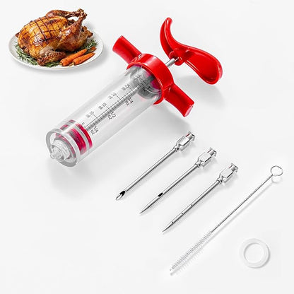 Meat Butter Injector Syringe, 1-oz Plastic Marinade Turkey Injector Kit, with 3 Stainless Steel Meat Needles, 1 Cleaning Brush and Replacement O Ring, Dual Scale (ml/oz), for Turkey, BBQ Grill Smoker