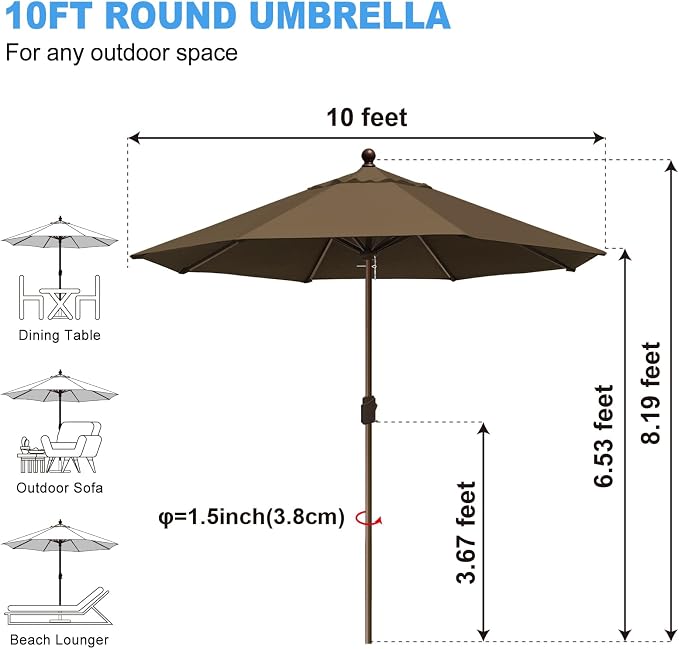 Eurmax USA 10-Year-Non-Fading 10FT Outdoor Patio Market Umbrella,UPF50+ UV Resistant Sun Shade,Heavy Duty Commercial Grade,Crank Lift Design,Windproof Vented Top for Garden,Pool,Deck,Chestnut