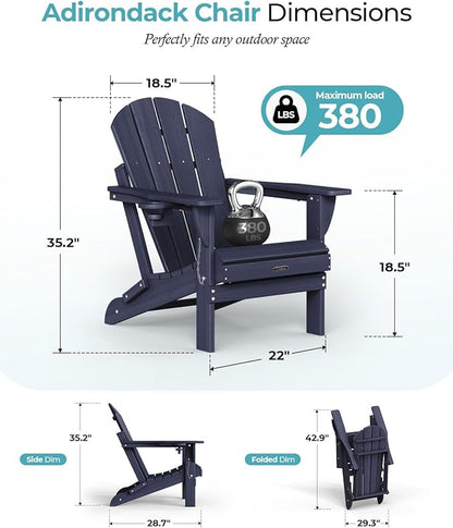 Ciokea Folding Adirondack Chair Wood Texture, Patio Adirondack Chair Weather Resistant, Plastic Fire Pit Chair with Cup Holder, Lawn Chair for Outdoor Porch Garden Backyard Deck, Dary Navy Blue
