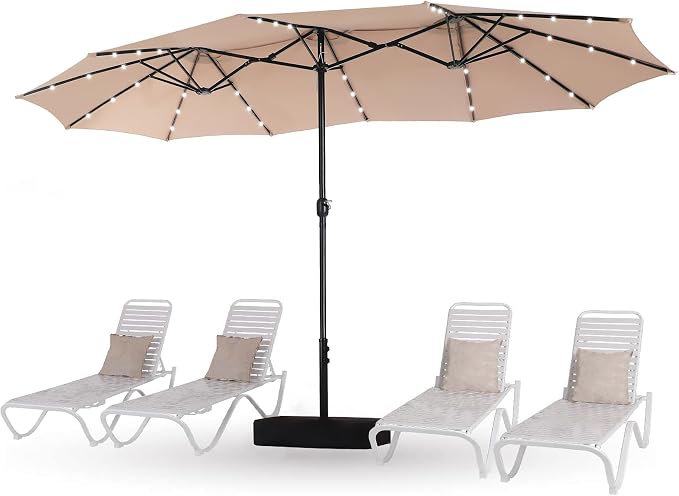15ft Patio Umbrella with Solar lights & Base, Large Umbrellas, Beige | HERA'S PALACE Rectangle Double Market Umbrella with 36 LED Lights, Big Outdoor Umbrellas for Pool Picnic Inground Yard Deck